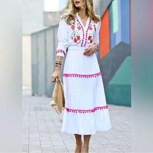 Mazik Long sleeve White Floral Embroidered Pom Pom Maxi Dress| Sz Small